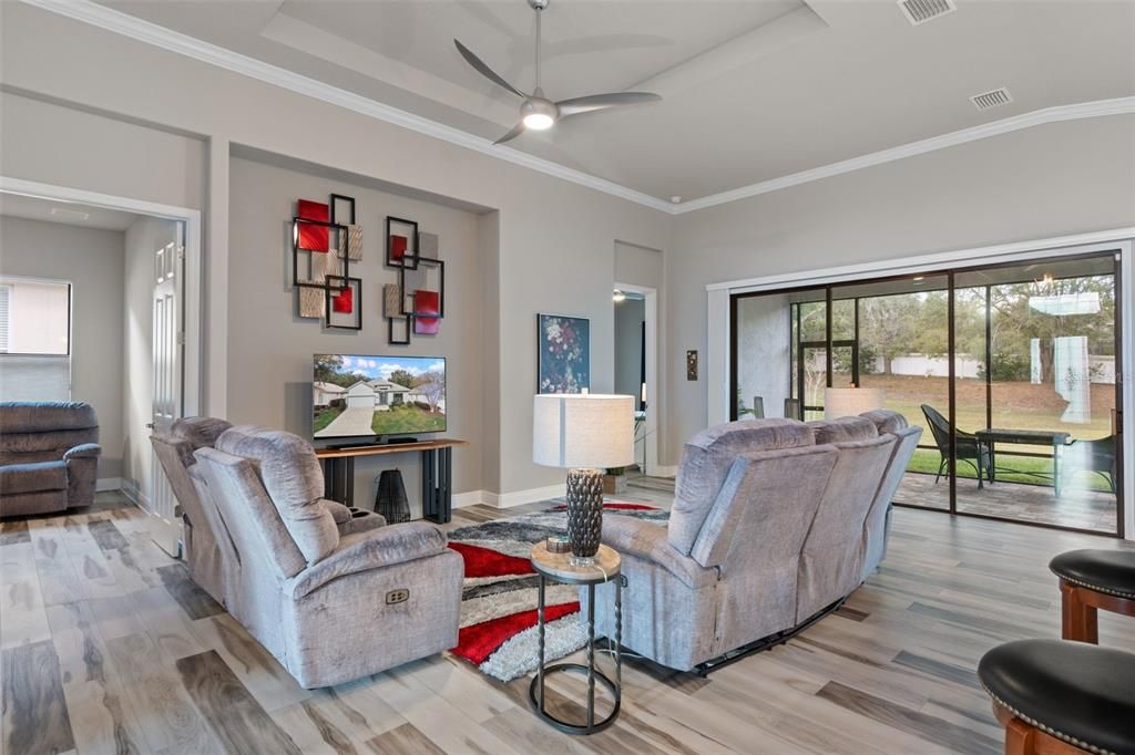 Back in the great room, the doorway on the left leads into the 3rd bedroom or flex room, currently used as a den. Look to the top of the picture, you'll notice the great room tray ceiling, which is another added feature, as well as the stylish ceiling fan.