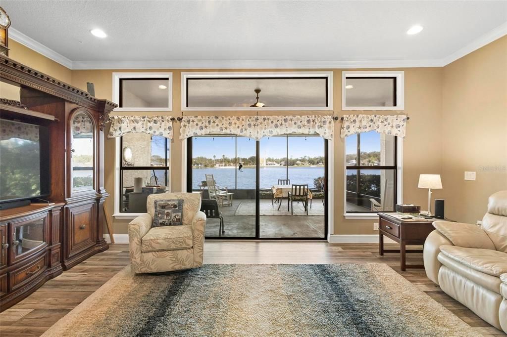 Family room from kitchen's breakfast bar.