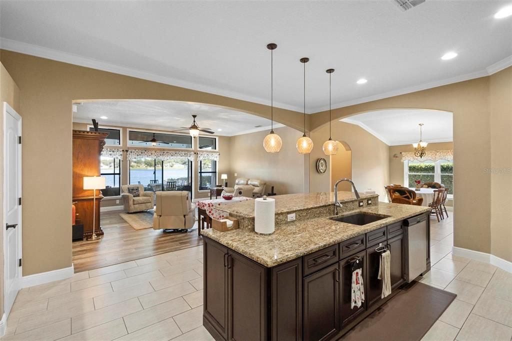 Kitchen towards living area. Yes, you can see the lake from here!