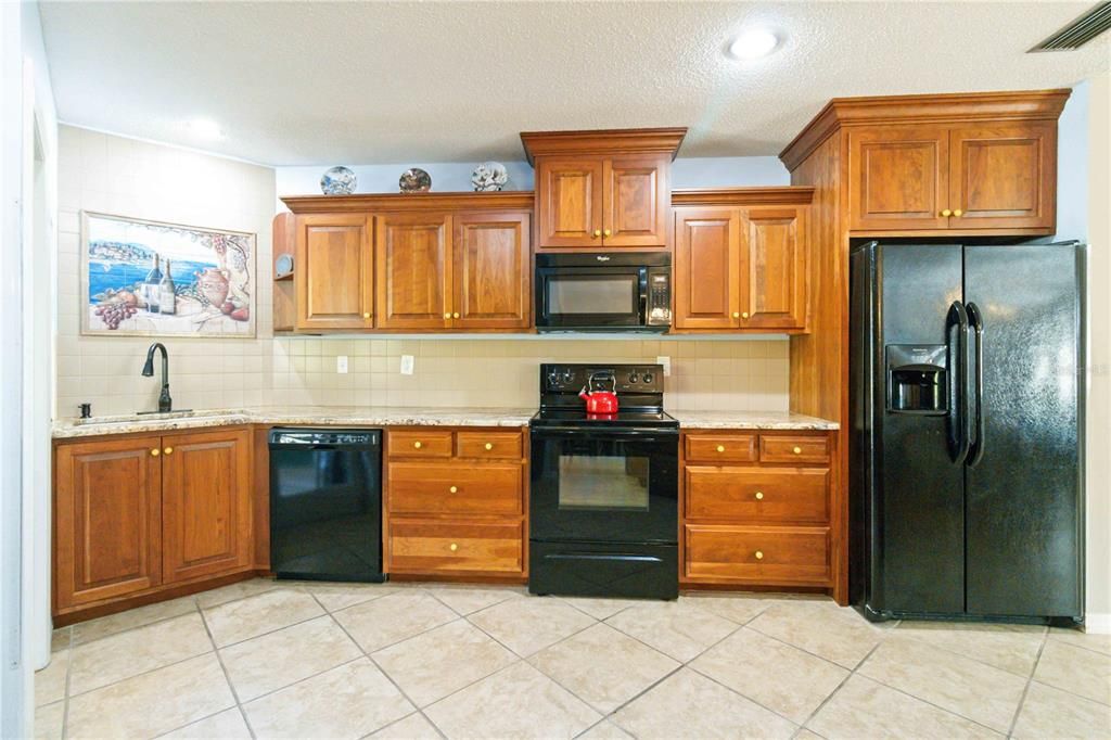 Wood cabinets in the kitchen.