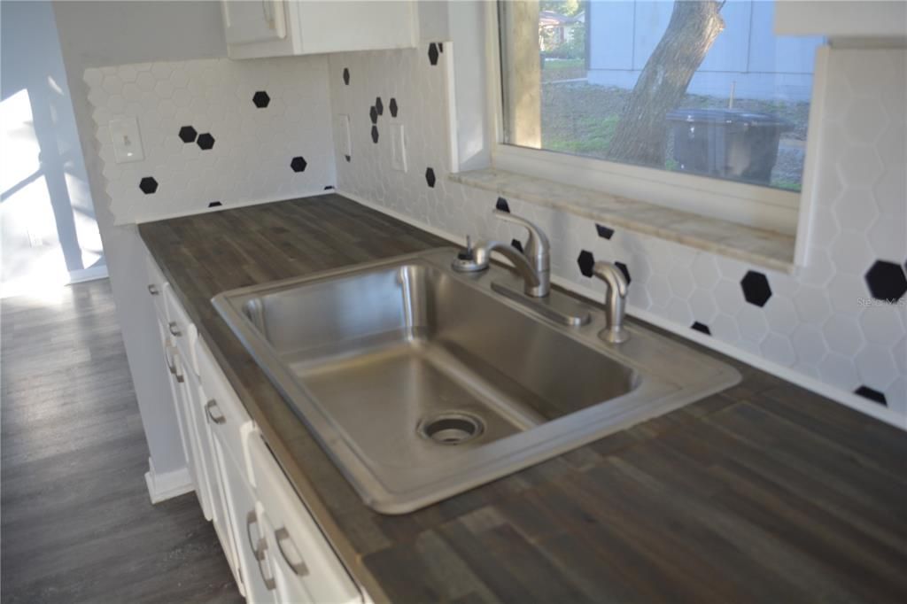 Double stainless steel sink with window view