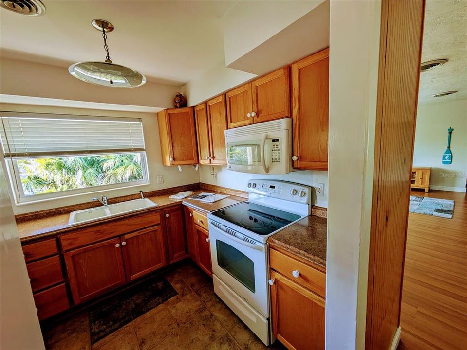 The kitchen features wood cabinets, a smooth glass-top stove, microwave hood and matching refrigerator.