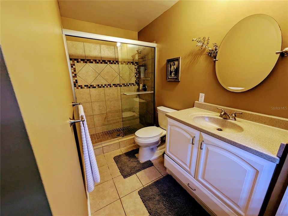 The primary bathroom features a low-threshold, walk-in shower.