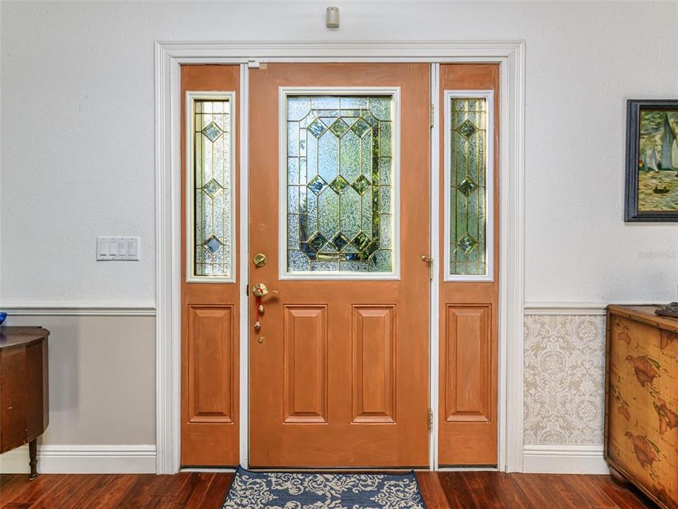 Leaded glass front door.