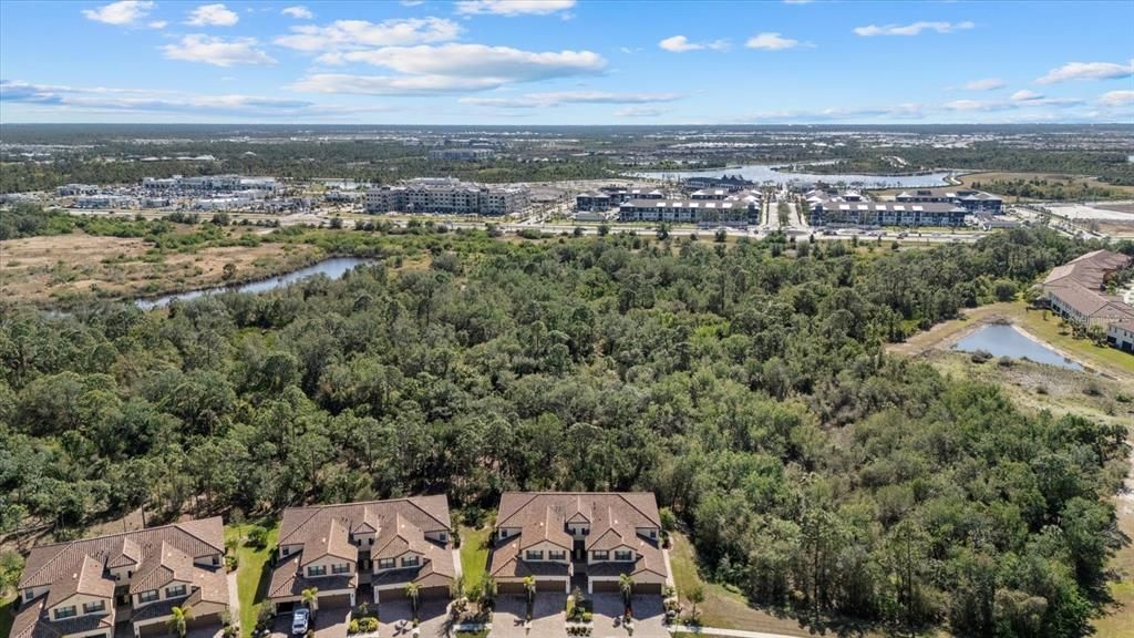 Aerial view with preserve behind the home and Downtown Wellen Park