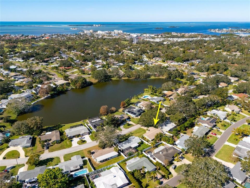 This aerial shot looking a bit NW shows the proximity to the Dunedin Causeway, Honeymoon and Caladesi Islands.