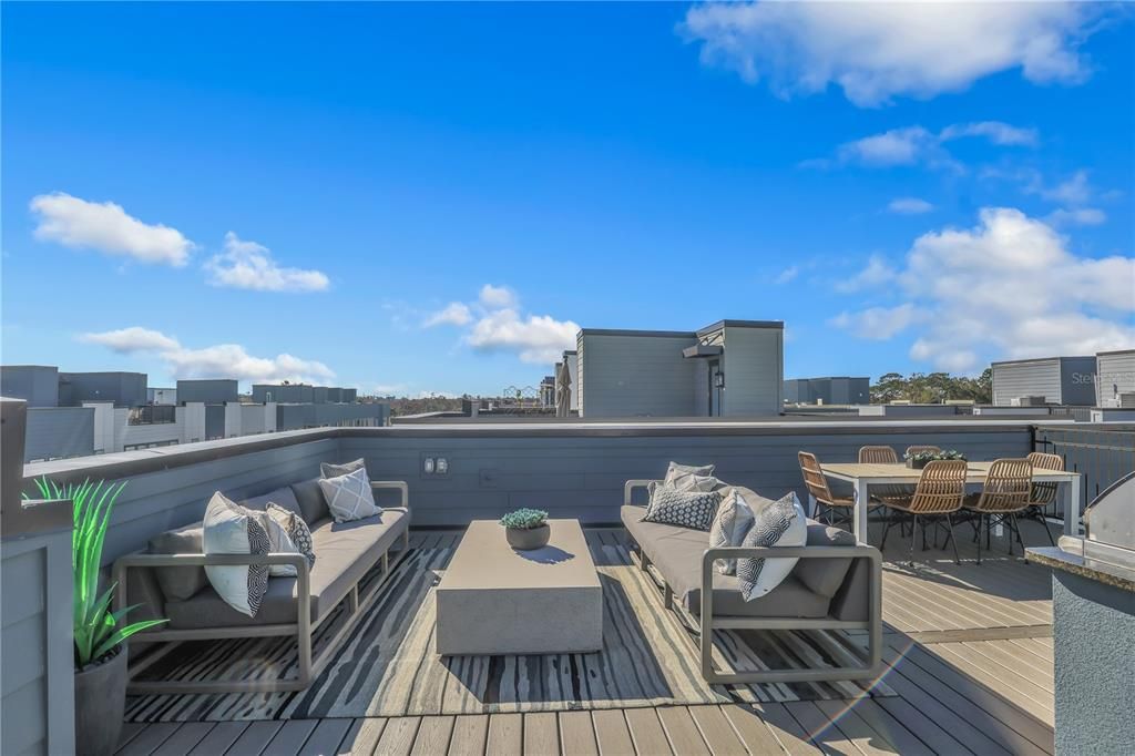 Model home - but this homesite has a similar rooftop offering the trex decking, and prep packages for a summer kitchen, fireplace and hot tub