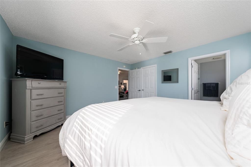 Large primary bedroom with ensuite bathroom and walk-in closet with built-ins.