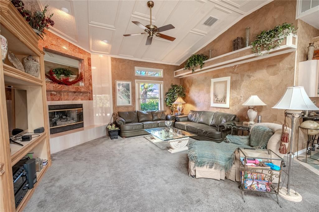 The family room features high ceilings, a wood burning fireplace and built-in shelving.