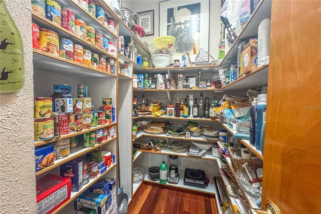 The kitchen features a large, walk-in pantry with built-in shelving.