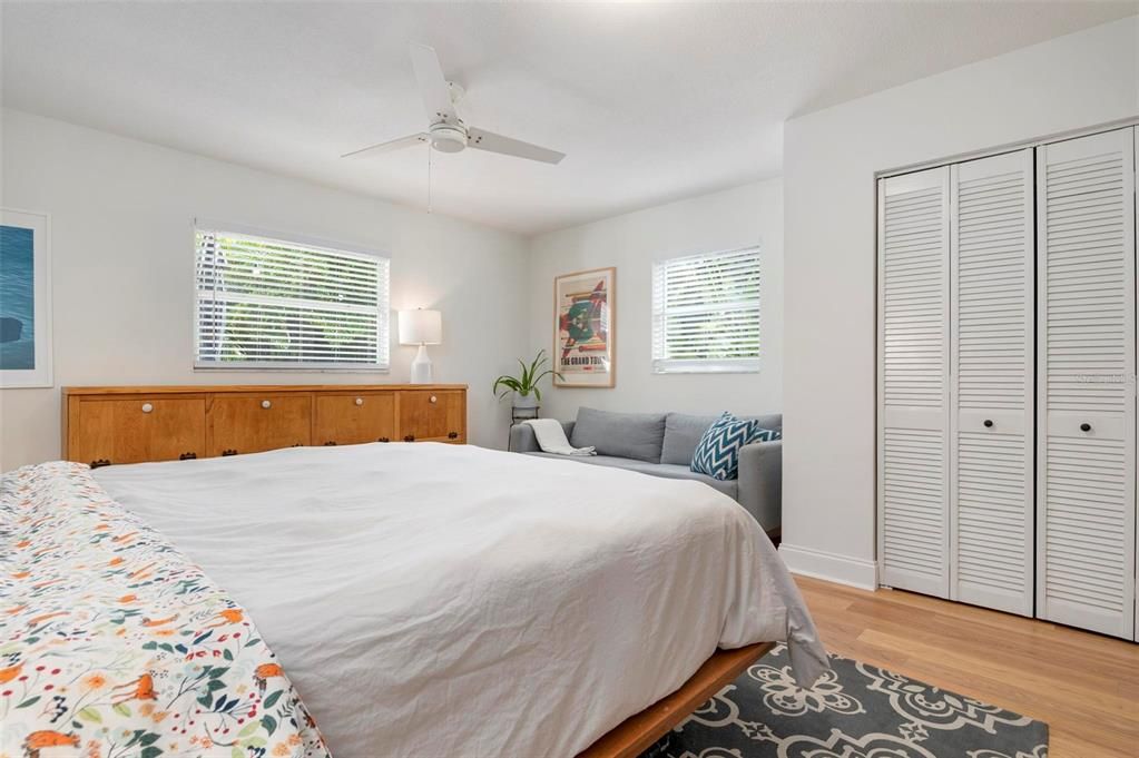 The large main bedroom has two closets with on a walk-in.