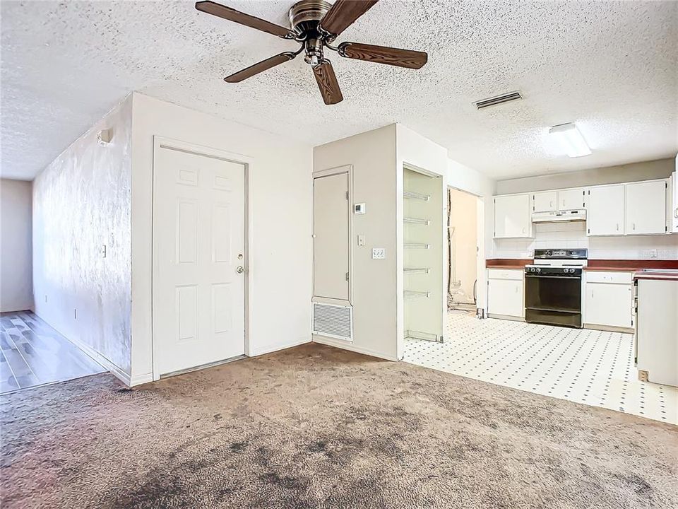 Kitchen open to dining area