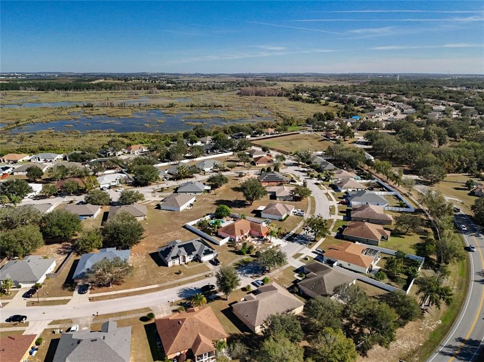 Aerial view overlooking the neighborhood.