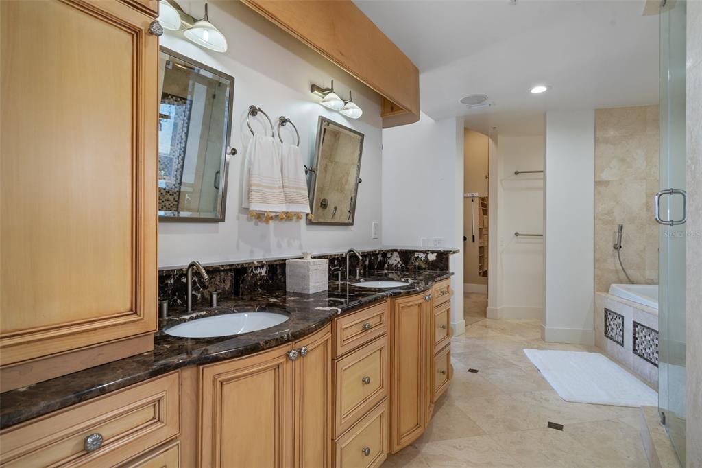 The spa-like primary bathroom includes a garden tub with jets, and a sleek custom-tiled shower.