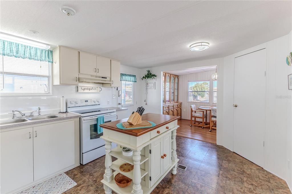 Kitchen looking into dining room and family room