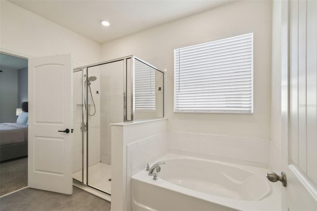 The primary bathroom features a double vanity, a private toilet area, a walk-in closet, a garden tub, and a separate shower.