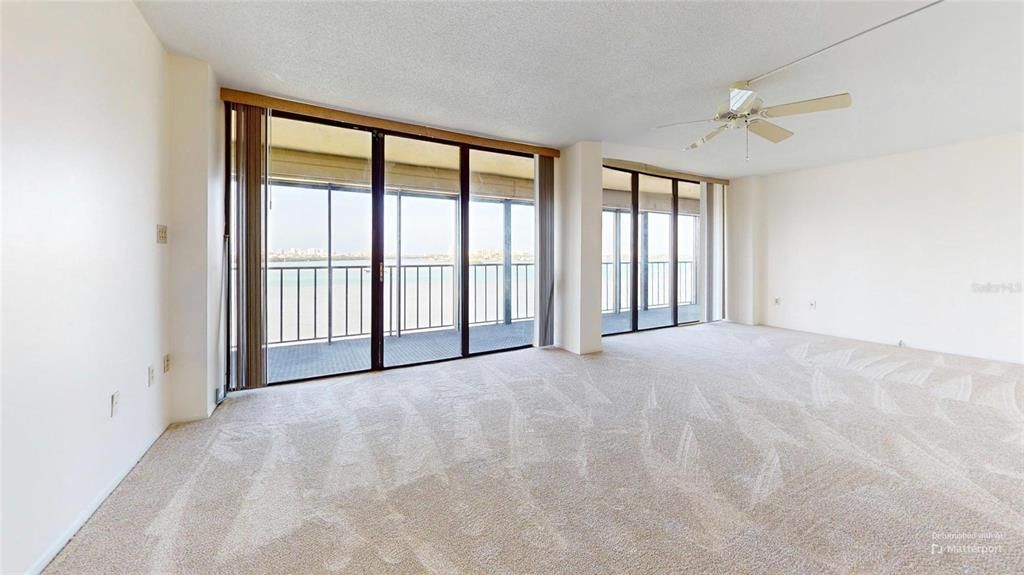 Large living room with water views