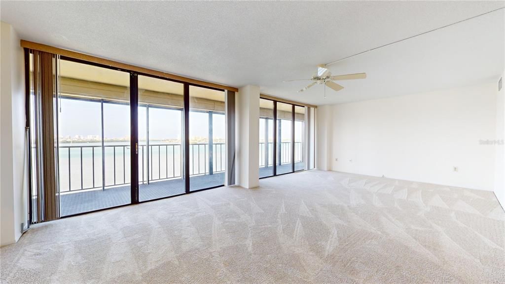 Large living room with water views