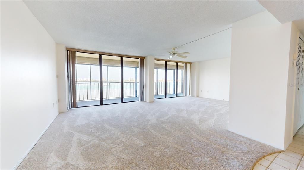 Large living room with water views