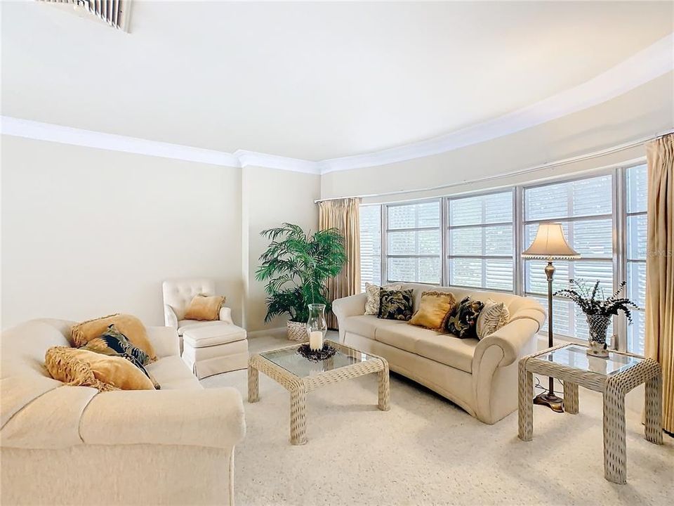 Living room with high ceiling and impressive crown molding.