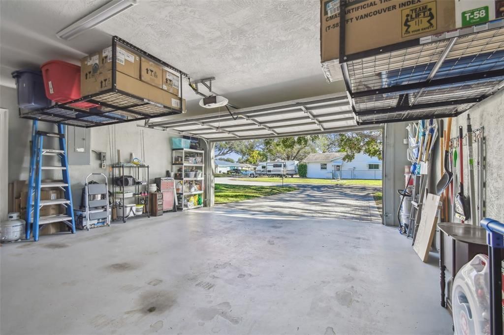 2 car garage with upper storage racks