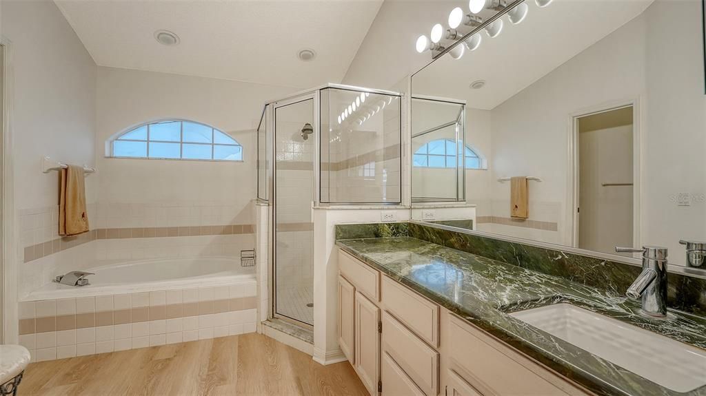 Master bathroom w laminate flooring & walk-in closet