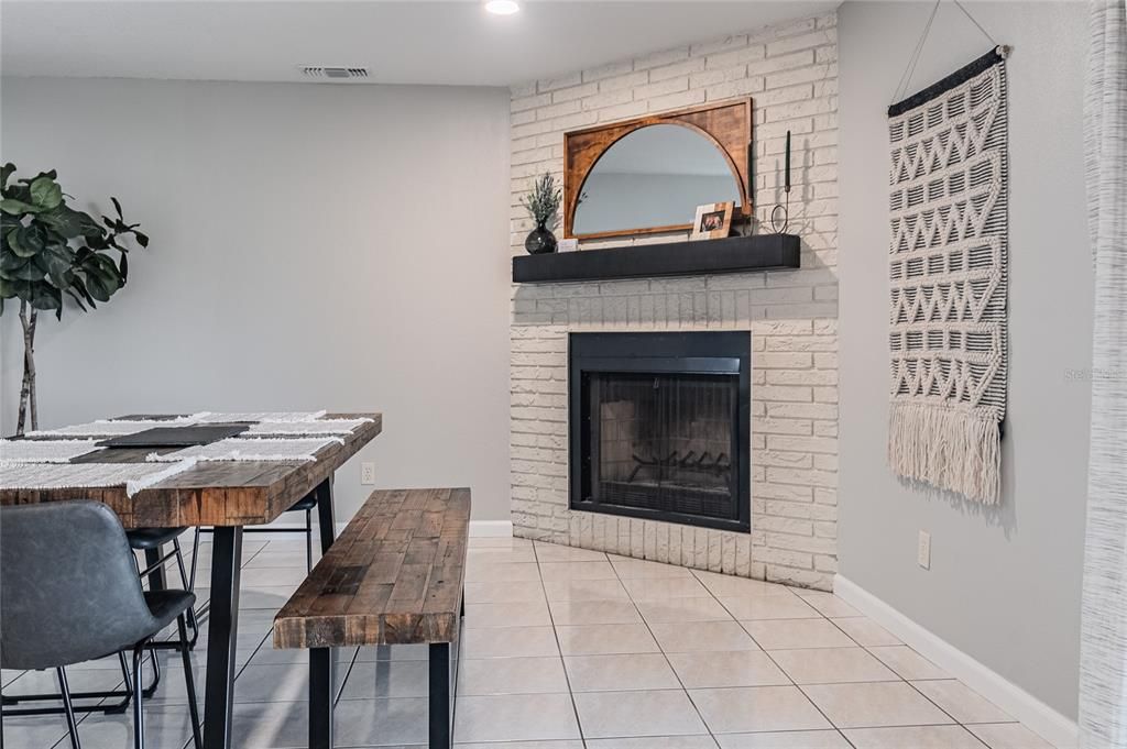 Built-in wood burning fireplace.