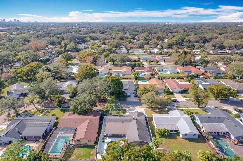 Birds eye view pool and driveway