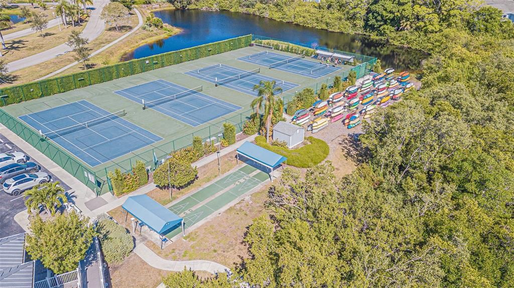 Tennis courts, shuffleboard and kayak/ canoe storage.