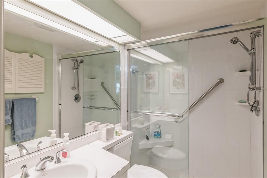 Guest bathroom with walk in shower.