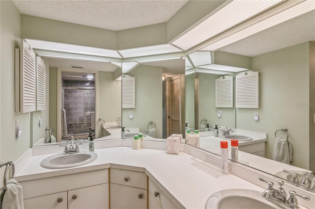 Master bathroom with two sinks.