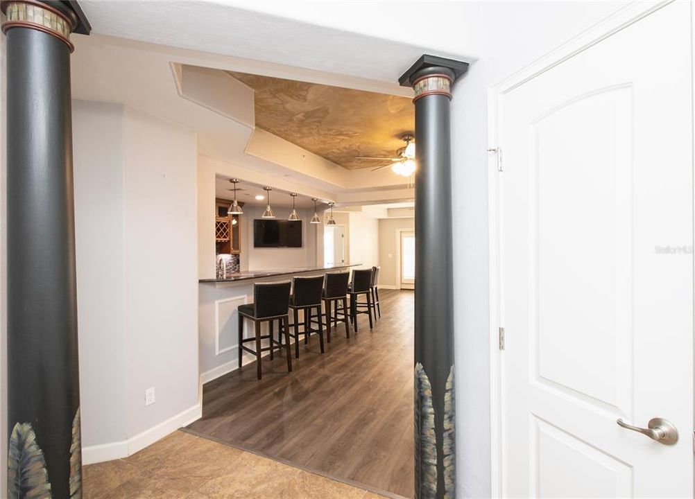 ENTRY PILLARS, COFFERED DINING ROOM CEILING