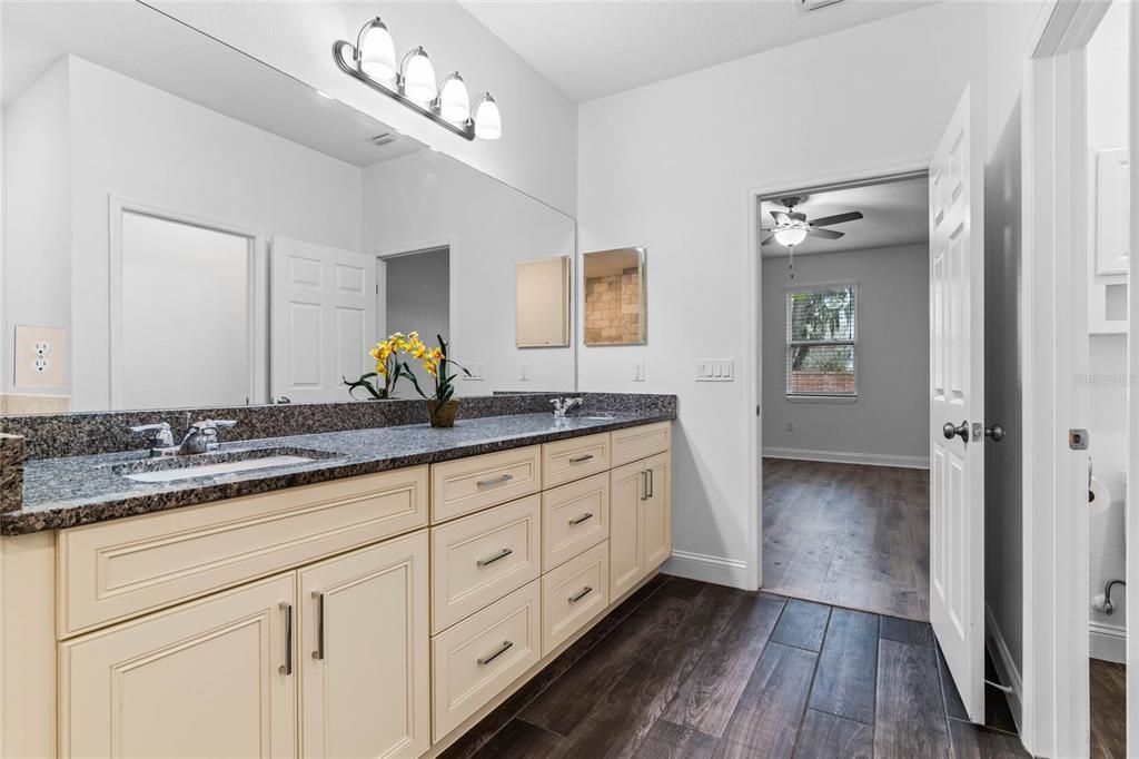 Expansive double vanity in primary bathroom.
