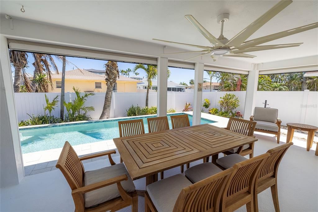 Covered Patio with remote-controlled Hurricane Storm Shades