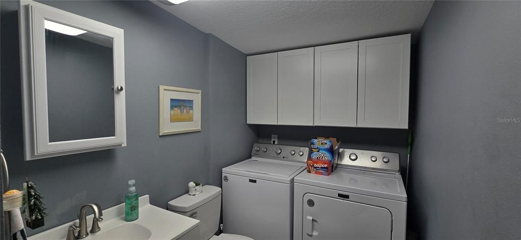 The guest bath with dual functionality (the laundry).