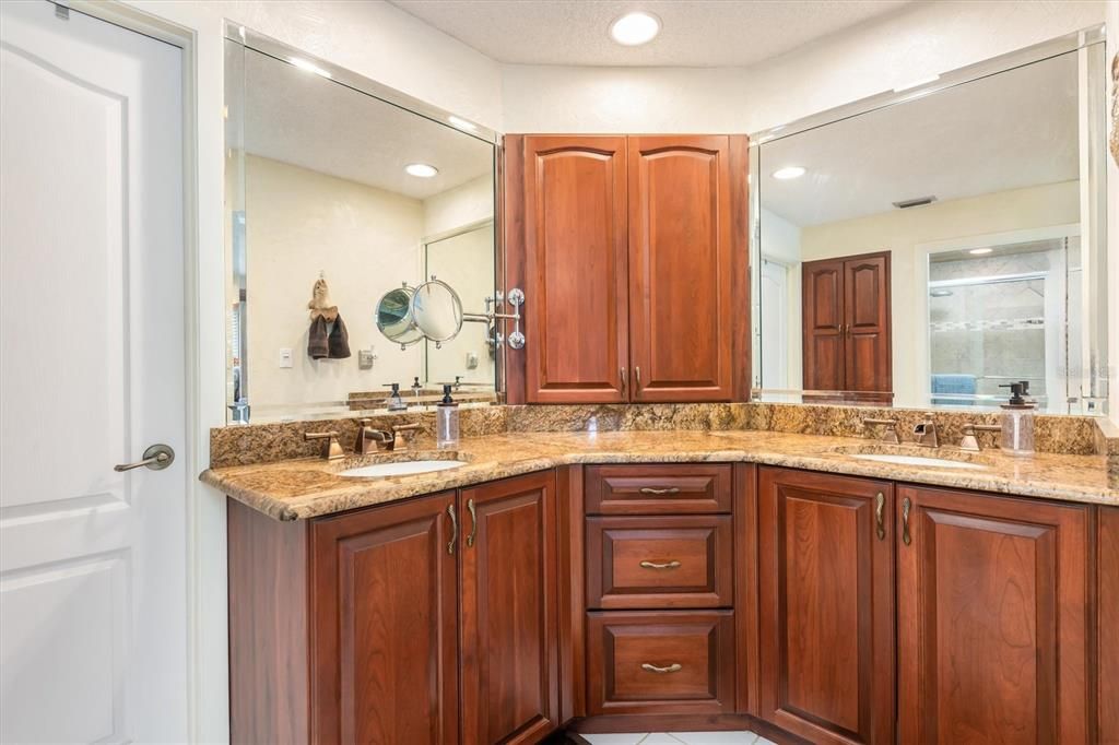Primary bath features dual sinks, and storage