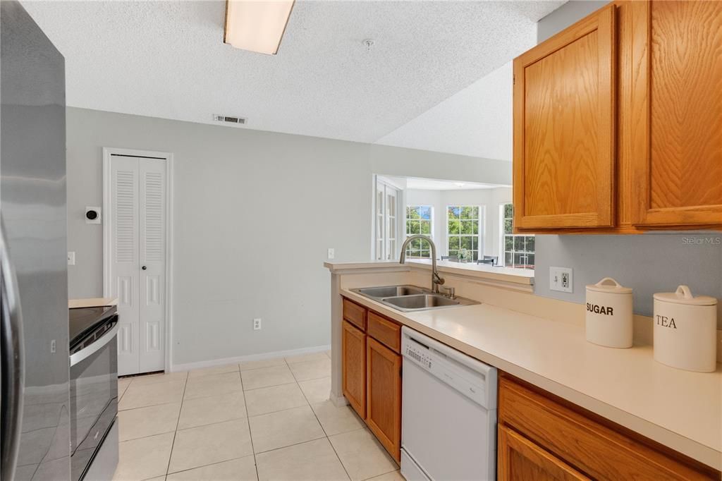 The kitchen area looking outward