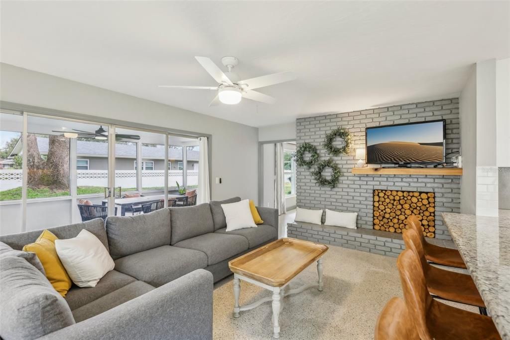 Family room with view of the large enclosed patio