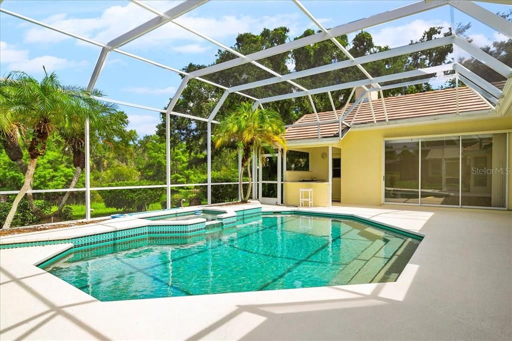 Perfect outdoor Florida lifestyle with heated pool & spa and lake views beyond.
