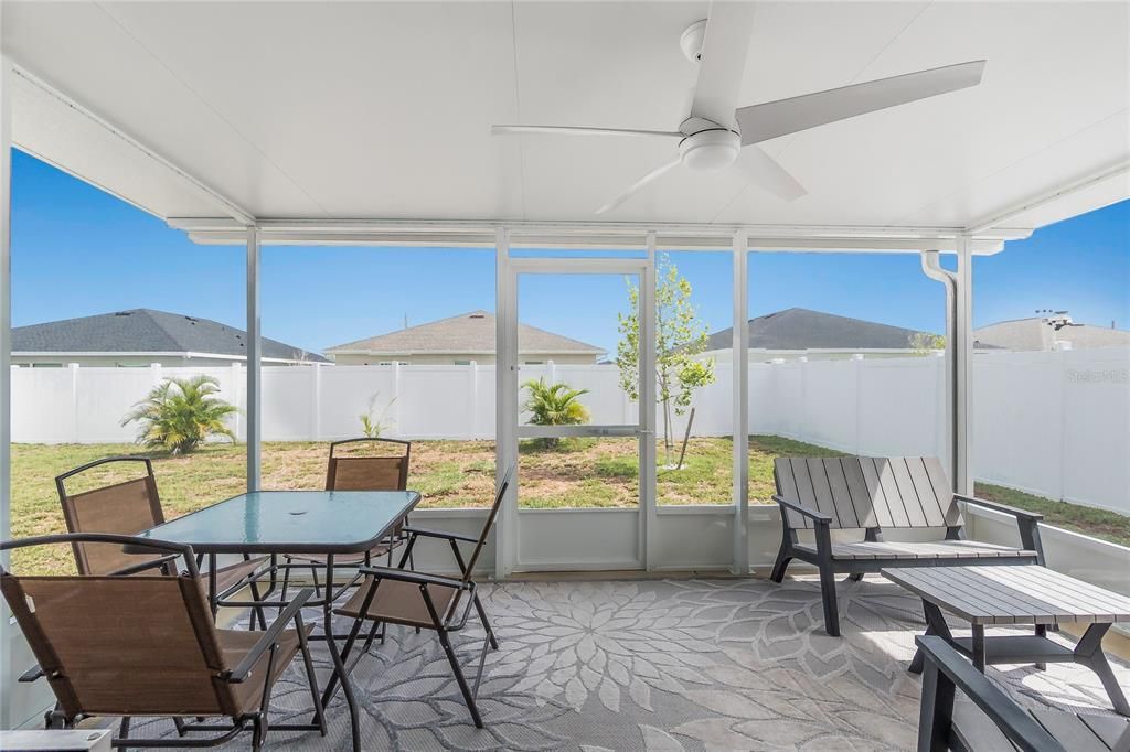 COVERED LANAI WITH UPGRADED LIGHTING AND CEILING FAN