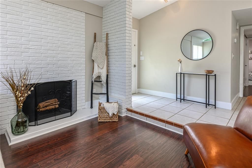 Wood burning brick fireplace.