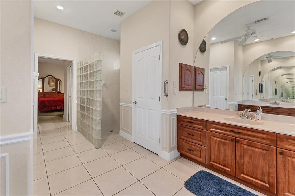 ALTERNATE VIEW OF EN SUITE WITH WALK IN ROMAN SHOWER WITH GLASS BLOCK WALL