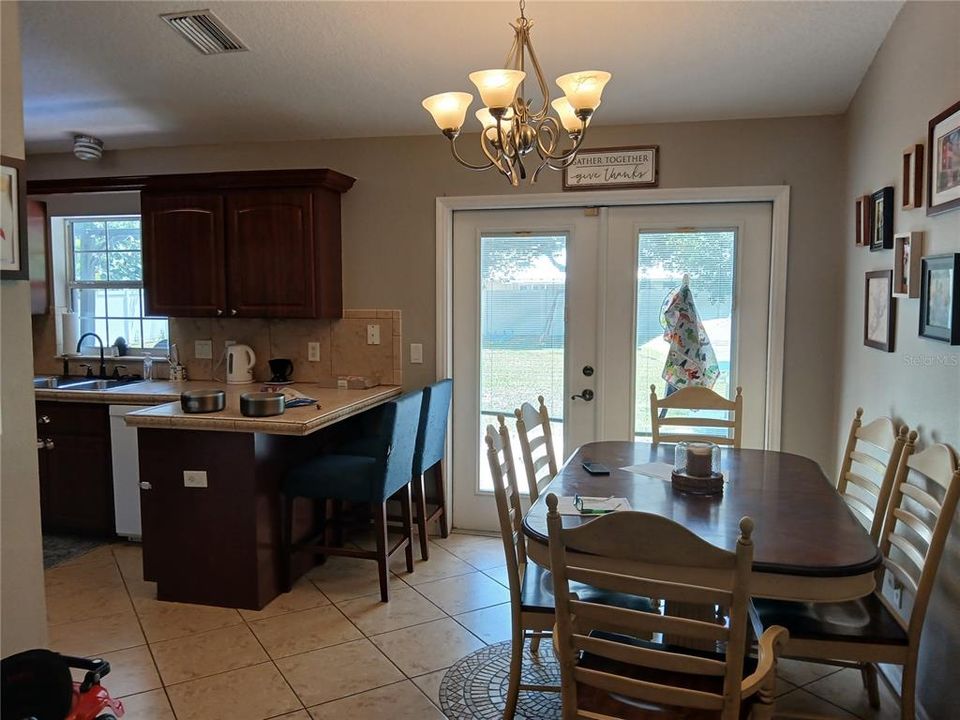 View from great rm to din rm, kitchen